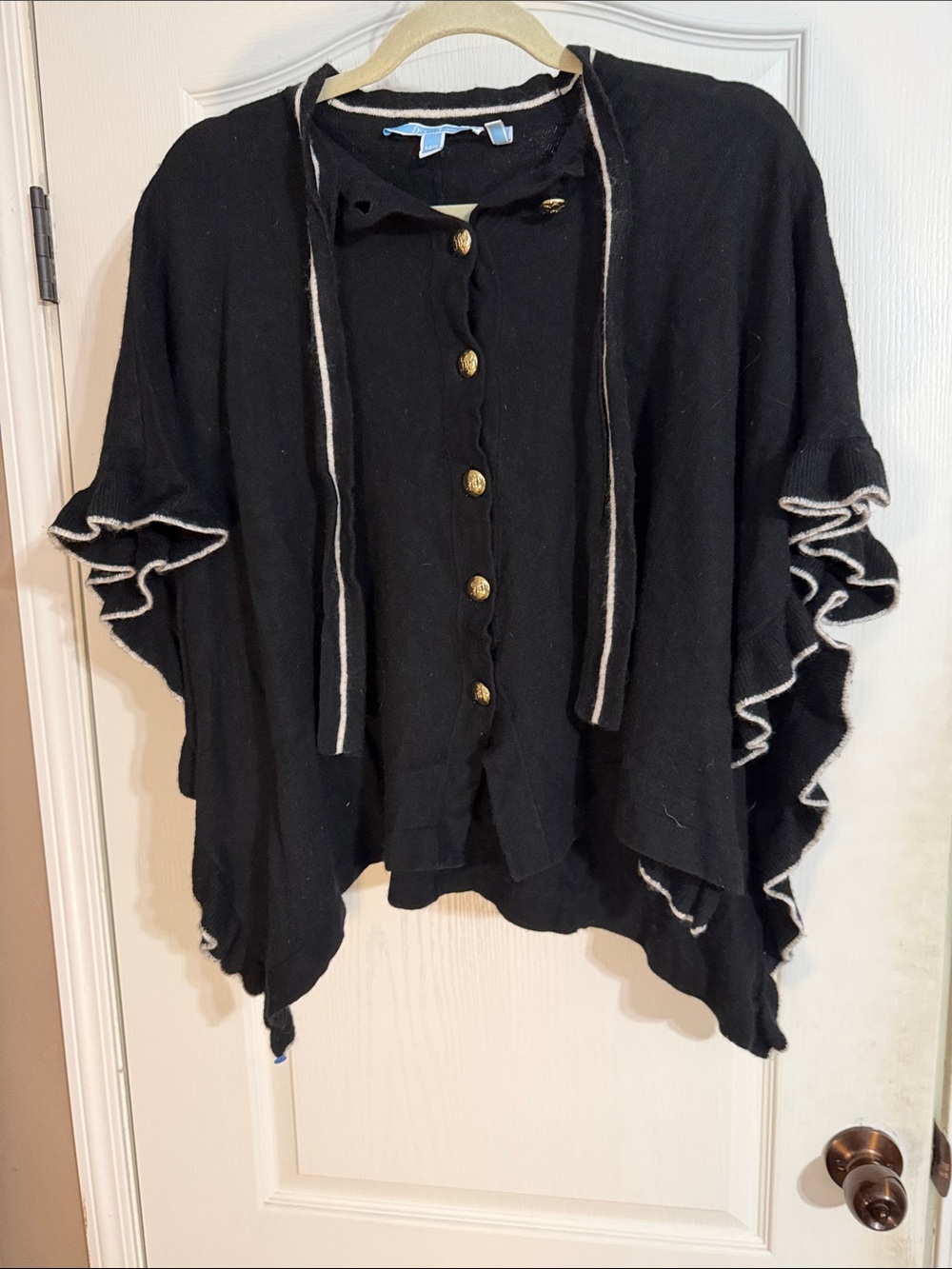 Draper James Black Ruffle-Trim Cape with Gold Buttons